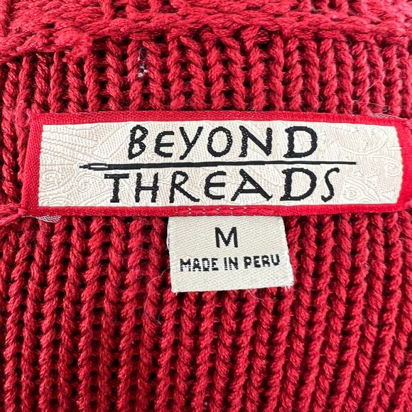 Beyond Threads Red Pima Cotton Chunky Knit Ribbed Foldover Collar Cardigan M - Picture 5 of 7